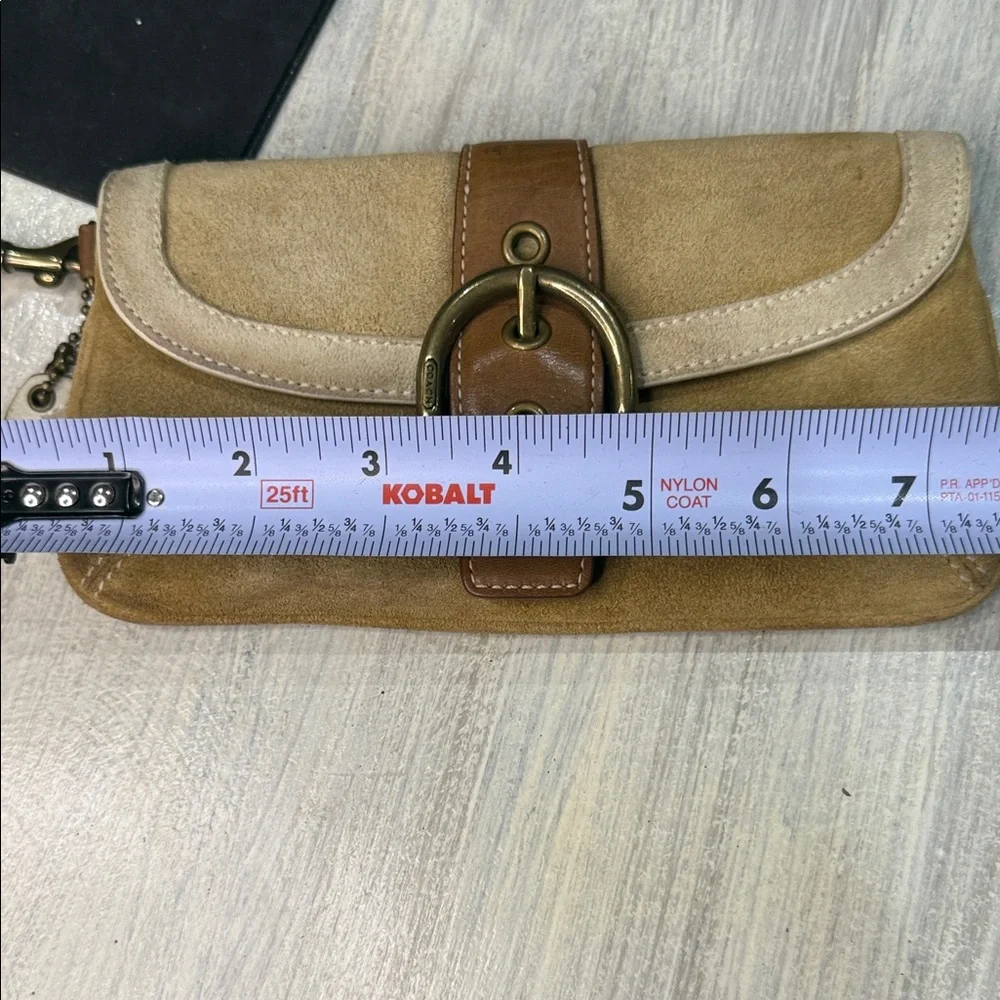 Vintage Coach Legacy Tan and Brown Suede Wristlet with Gold Hardware